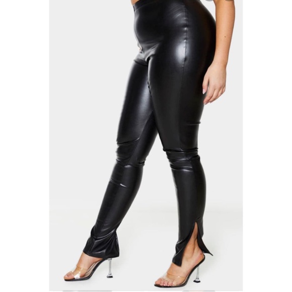PrettyLittleThing Pants - Plus Black PU leather Split Hem Pants